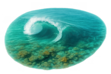 Ocean wave curling over coral reef, tropical underwater view of turquoise water and sea bottom, transparent background
