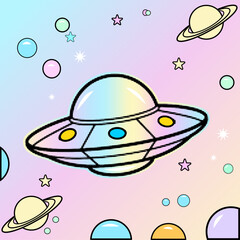 A flying saucer or ufo in a retro pop art comic style with a halftone effect surrounded by planets and stars, vector illustration