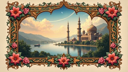 A detailed calligraphic illustration with religious inscriptions related to Miraj. Traditional Calligraphy & Illustration.
