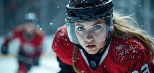 Young girl hockey player wears helmet with visor. She skates on ice rink during winter game. Female athlete in red uniform looks determined with focus. Intense competition on arena.