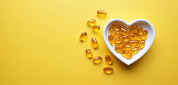 Omega 3 capsules in heart plate on yellow backdrop. Fish oil softgels and vitamin D. Supplement food concept. Healthcare banner with copy space. Healthy lifestyle product for medicals needs.