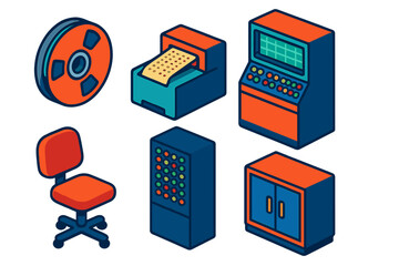 Retro Computing Icons. Isometric vector illustration set Mainframe Era: magnetic tape reel, computer punch card reader, massive