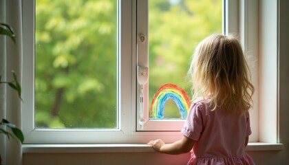 Naklejka premium Little child looks from window at green nature with drawn rainbow. Girl watches outside at house. Stay home concept. Kids isolation, childhood, hope. Support, protection, health, safety. Children