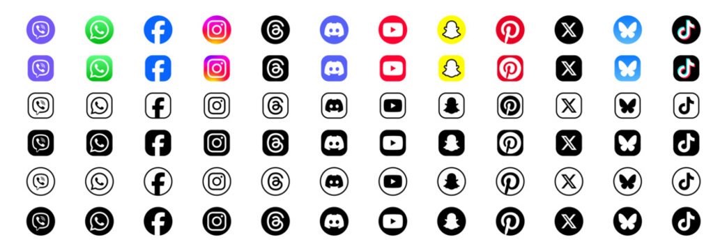 social media icon set or social network logos , facebook, instagram, threads, x, youtube, whatsapp, telegram, snapchat, tiktok, snapchat, pinterest, linkedin, discord, viber, bluesky, vector icons