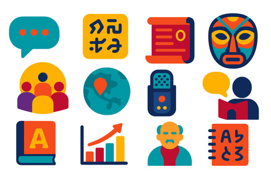Endangered Language Icons. Flat vector icons of endangered languages: speech bubble, tribal script, ancient manuscript, cultural