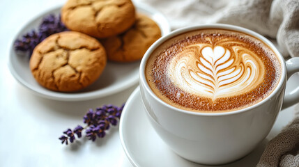 Delicious coffee topped with latte art served with chocolate chip cookies on a white plate