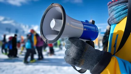 Close-up of gloved hands gripping a megaphone, background defocused showing young people gathered in a snowy field for a ski race start, cold air haze, with copy space