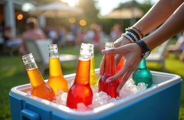 Person hands selecting drinks from a cooler filled with ice. Colorful bottles with refreshing beverages are chilling. Outdoor gathering concept during the day. Party scene with blurred background.