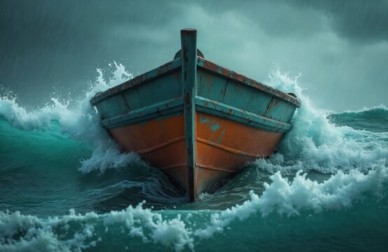 Small wooden boat battles rough waves during fierce ocean storm with heavy rain. Vessel pitches violently in crashing water as skies darken ominously. This scene depicts nature power, maritime peril.
