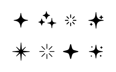Minimalist set of black star sparkle and glitter icons in various shapes and styles