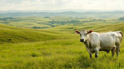 Cow grazing peacefully in a lush green pasture surrounded by rolling hills under a cloudy sky