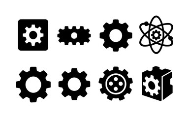 Set of black gear icons in various styles for technology and engineering