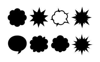 Bold retro speech bubbles and dynamic comic bursts in black and white silhouette style