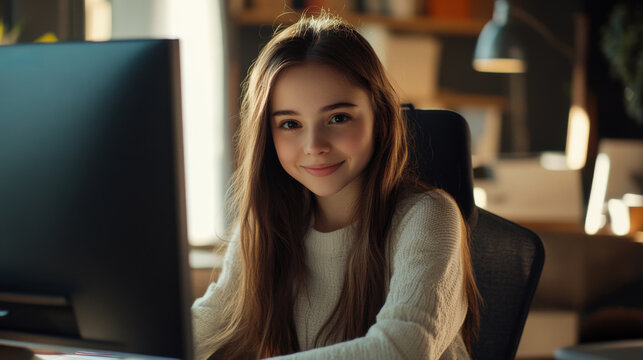 Young girl smiles while working on a computer in a cozy, illuminated room during the evening hours