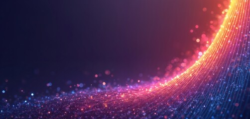 Abstract gradient flow of glowing particles forms wavy lines. Bright pink blue, orange lights create futuristic digital network effect on dark backdrop, perfect for tech presentations sci fi themes.