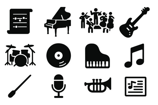 Musical Eras Icons. Solid style icons of Musical Eras: chant manuscript, harpsichord, Baroque orchestra, electric guitar, drum kit