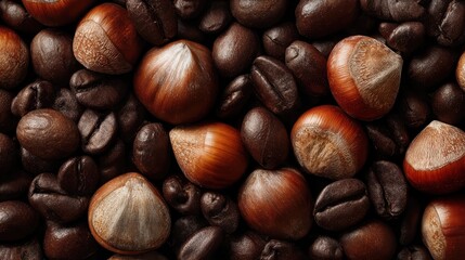 A delightful combination of coffee beans and hazelnuts, perfectly capturing the essence of a comforting treat. The image highlights the natural textures and colors of these elements