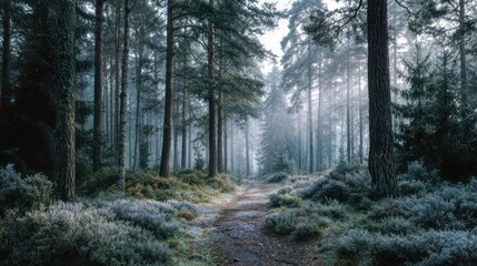 Naklejka premium A scenic path winding through a misty forest. The sun gently filters through the tall trees, creating a serene and captivating ambiance