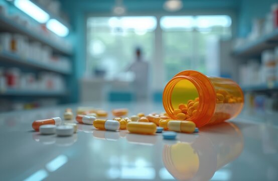 Orange pill bottle spills pills and capsules onto reflective surface. Pharmacy shelves and blurred pharmacist in background. Medicine, treatment, health, retail.