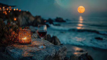 Romantic scene of a glass of red wine, a candle, the ocean, and the full moon at night