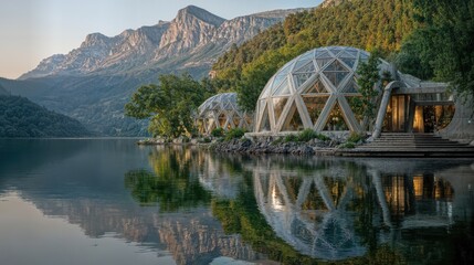 Modern glasshouse by the lake, nestled amongst the mountain and green tree. The architectural marvel reflects a calm scenery in the water
