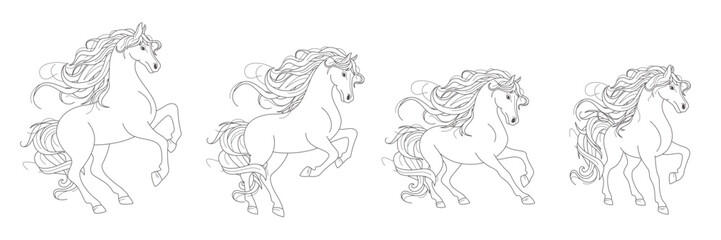 Horse in galloping pose outline set. Isolated editable stroke vector elements