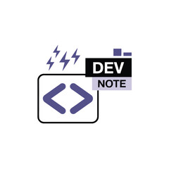 Illustration of dev note with code brackets lightning bolts and pixelated squares on white background