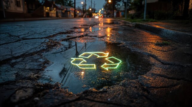 A glowing recycling symbol reflecting in a puddle on a cracked road at night. The image conveys a message of environmental responsibility amidst urban decay
