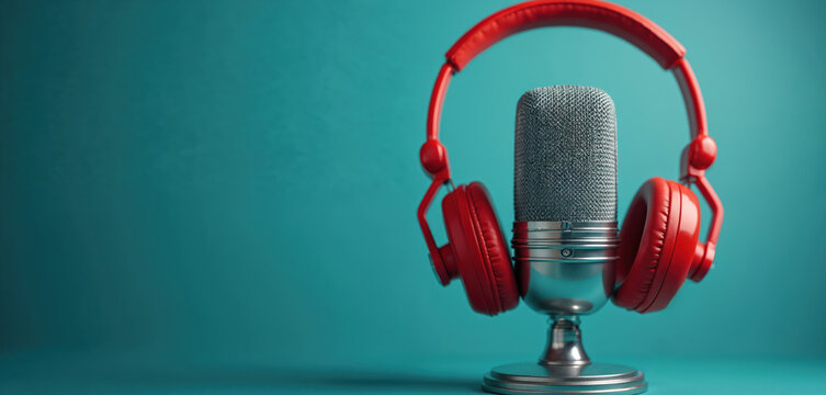 Retro mic with red headphones rests on blue surface. Vintage audio gear suggests podcasting radio or music creation. Classic microphone ready for sound recording session.