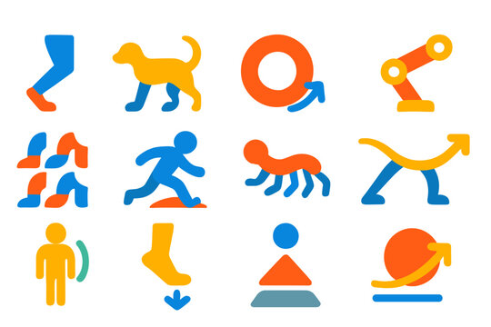 Locomotion Icons Set. Flat vector icons of locomotion strategies: leg lift, tail balance, wheel rotation, articulated joint, gait