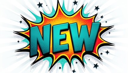 Dynamic comic book style burst graphic announces arrival of fresh items. Vibrant text promotes product launch and special sales event. Exciting graphic design for marketing.