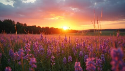 Obraz premium Purple wildflowers bloom in a vast meadow during a vibrant orange and pink sunset. Tall grass and distant trees frame the tranquil rural landscape. Sun shines brightly over the blooming field.