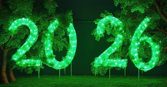 Bright green numbers display year 2026. Foliage forms digits, illuminated by lights. Dark background emphasizes glowing effect. Festive, celebratory scene.