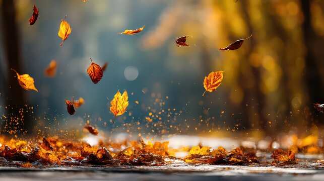 Falling Autumn Leaves Against Blurred Forest Background with Shallow Depth of Field - Powered by Adobe