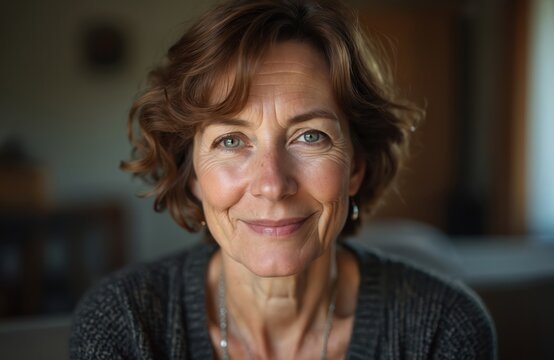 Portrait of smiling mature woman with brown hair. Middle aged female looks at camera. Healthy older person in sweater poses indoors. Happy woman enjoys life. Anti aging therapy. Beauty care.