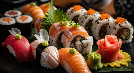 Sushi platter in elegant style in vibrant colors representing Japanese cuisine with copy space