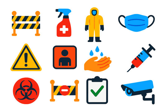 Preventive Biosecurity Icons. Flat vector icons of preventive measures and biosecurity: quarantine fence, disinfectant, protective