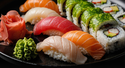 Sushi platter in appetizing style in vibrant colors representing Japanese cuisine with copy space