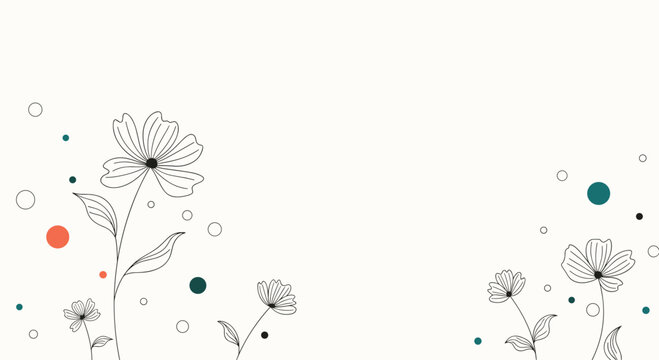 Minimalist floral background with delicate hand-drawn line art flowers and colorful dots perfect for a card or invitation.