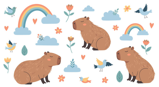 Adorable vector collection of cute cartoon capybaras with rainbows clouds birds flowers and hearts on a white background.