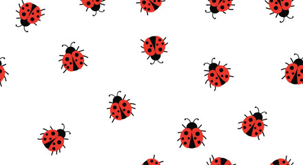 Cute seamless pattern of red cartoon ladybugs with black spots scattered randomly on a clean white background for children.