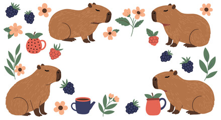 A charming frame design with cute cartoon capybaras fresh berries flowers and teacups with a blank space in the center.