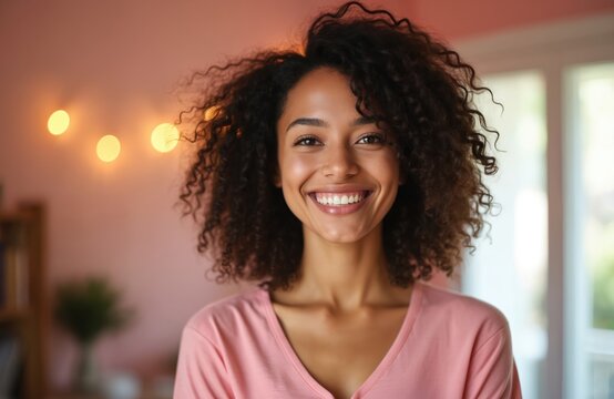 Young woman with curly dark hair and warm smile wears pink shirt indoors. Soft lights glow in blurred background. Her joyful expression conveys happiness and approachability for various concepts.