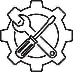 Black outline icon of a wrench and screwdriver crossed over a gear tool cogwheel isolated on a white background.