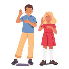 Boy and girl little preschool children cartoon characters promising with oath raising one palm