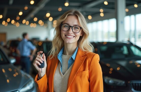 Happy young woman holds car keys standing in auto dealership. Female buyer smiles after purchasing new vehicle. Successful woman acquires automobile.