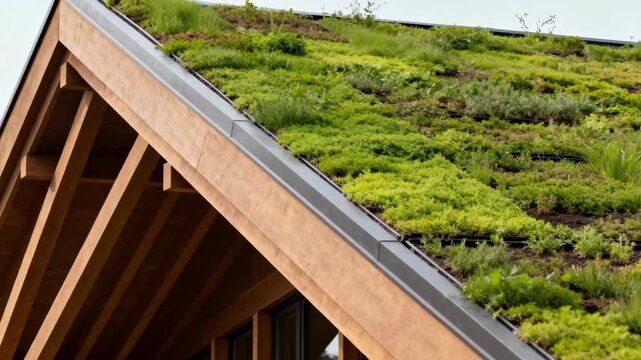 Medium shot of a sloped green roof frame support showcasing sustainable construction with angled structural beams designed for ecofriendly rooftop gardens