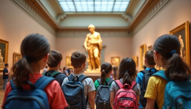 School kids on museum field trip observe ancient sculpture. Young students learn art history and culture together. Children with backpacks explore indoors, curious about artwork. - Powered by Adobe