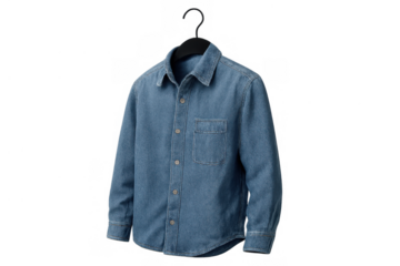 Blue long sleeve denim shirt on a black hanger, casual button-down clothing, jeans wear fashion, apparel on transparent background