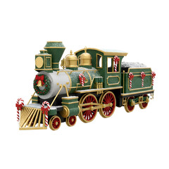 A festive Christmas train decorated with snow and candy canes, transparent background